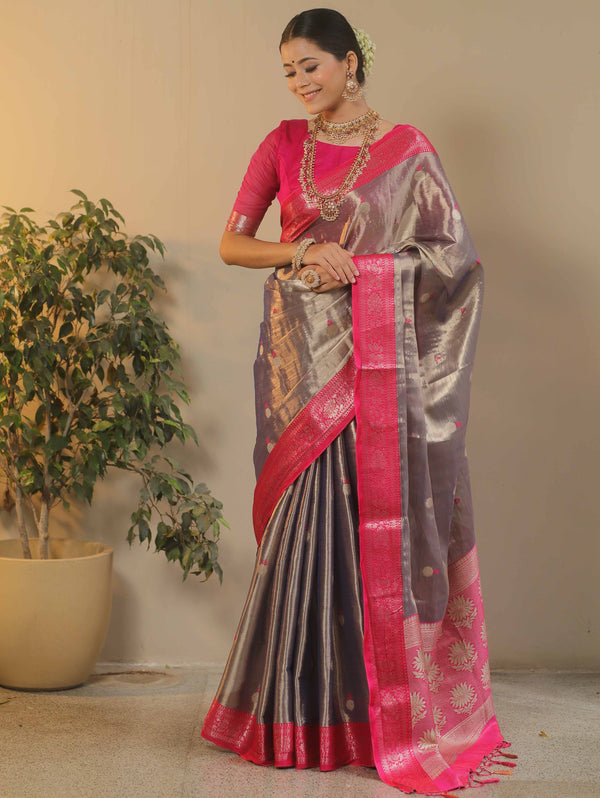 Banarasee Contrast Border Buta Design Tissue Saree-Blue & Pink