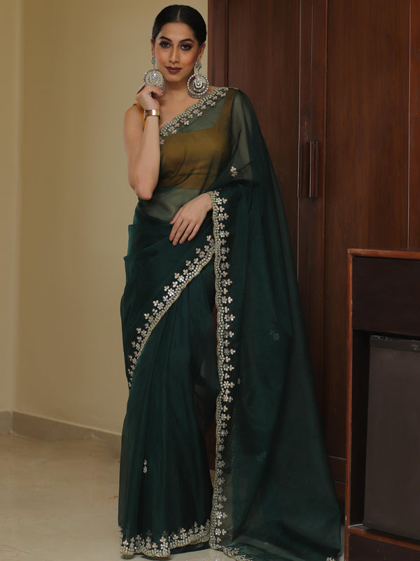 Odette Women Festive Designer Green Saree With Unstitched Blouse