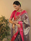 Banarasee Contrast Border Buta Design Tissue Saree-Blue & Pink