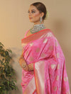 Banarasee Handwoven Semi-Katan Tanchoi Weaving Floral Border Saree-Pink