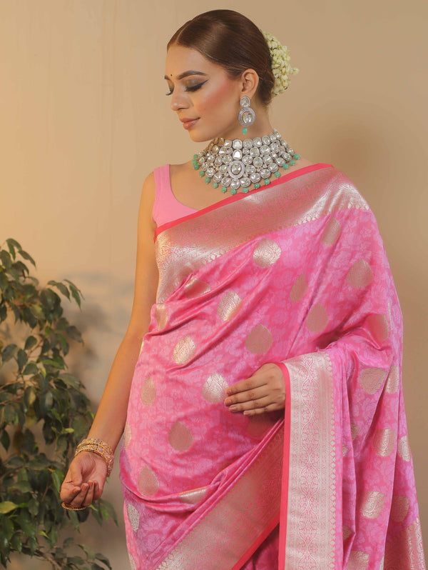 Banarasee Handwoven Semi-Katan Tanchoi Weaving Floral Border Saree-Pink