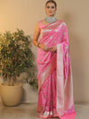 Banarasee Handwoven Semi-Katan Tanchoi Weaving Floral Border Saree-Pink