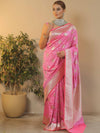 Banarasee Handwoven Semi-Katan Tanchoi Weaving Floral Border Saree-Pink