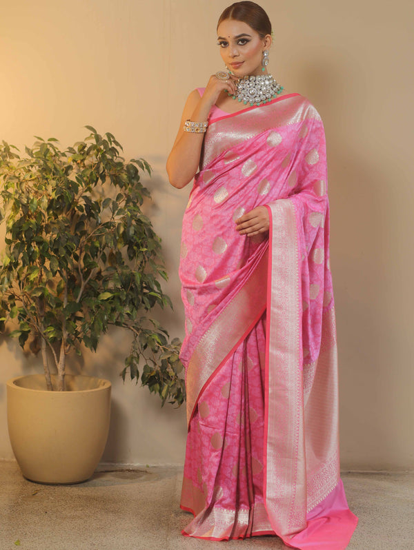 Banarasee Handwoven Semi-Katan Tanchoi Weaving Floral Border Saree-Pink