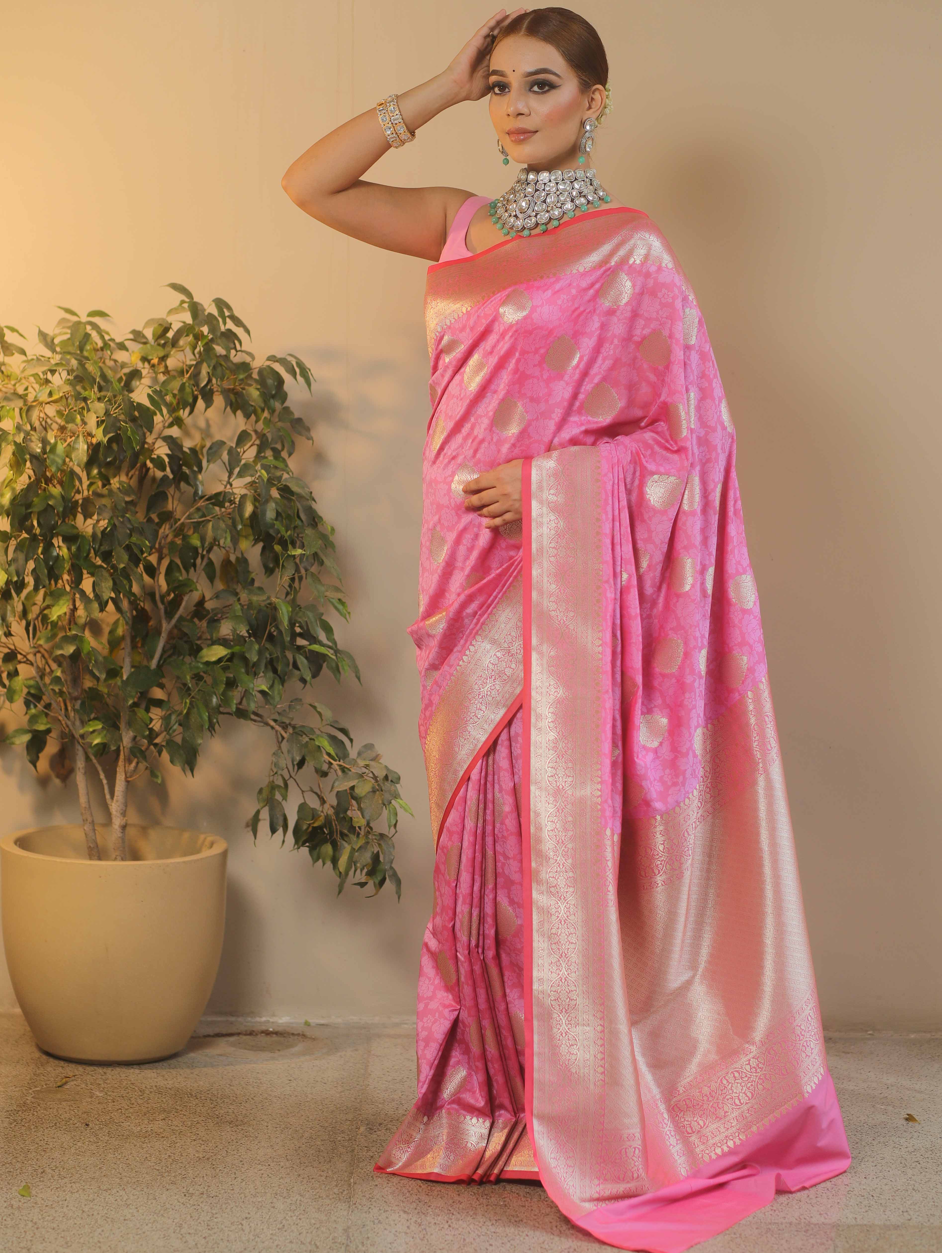 Banarasee Handwoven Semi-Katan Tanchoi Weaving Floral Border Saree-Pink