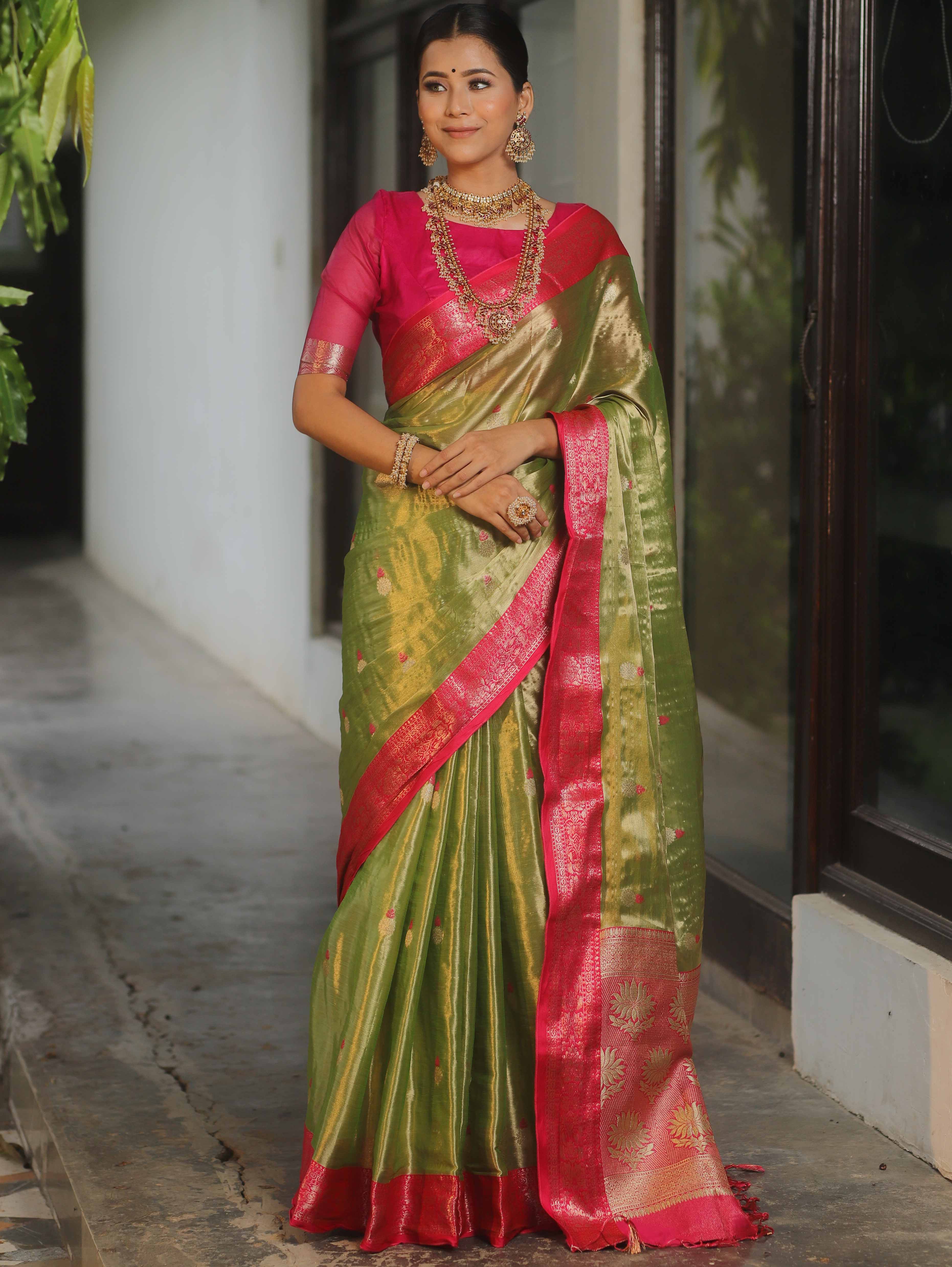 Banarasee Contrast Border Buta Design Tissue Saree-Light Green & Pink