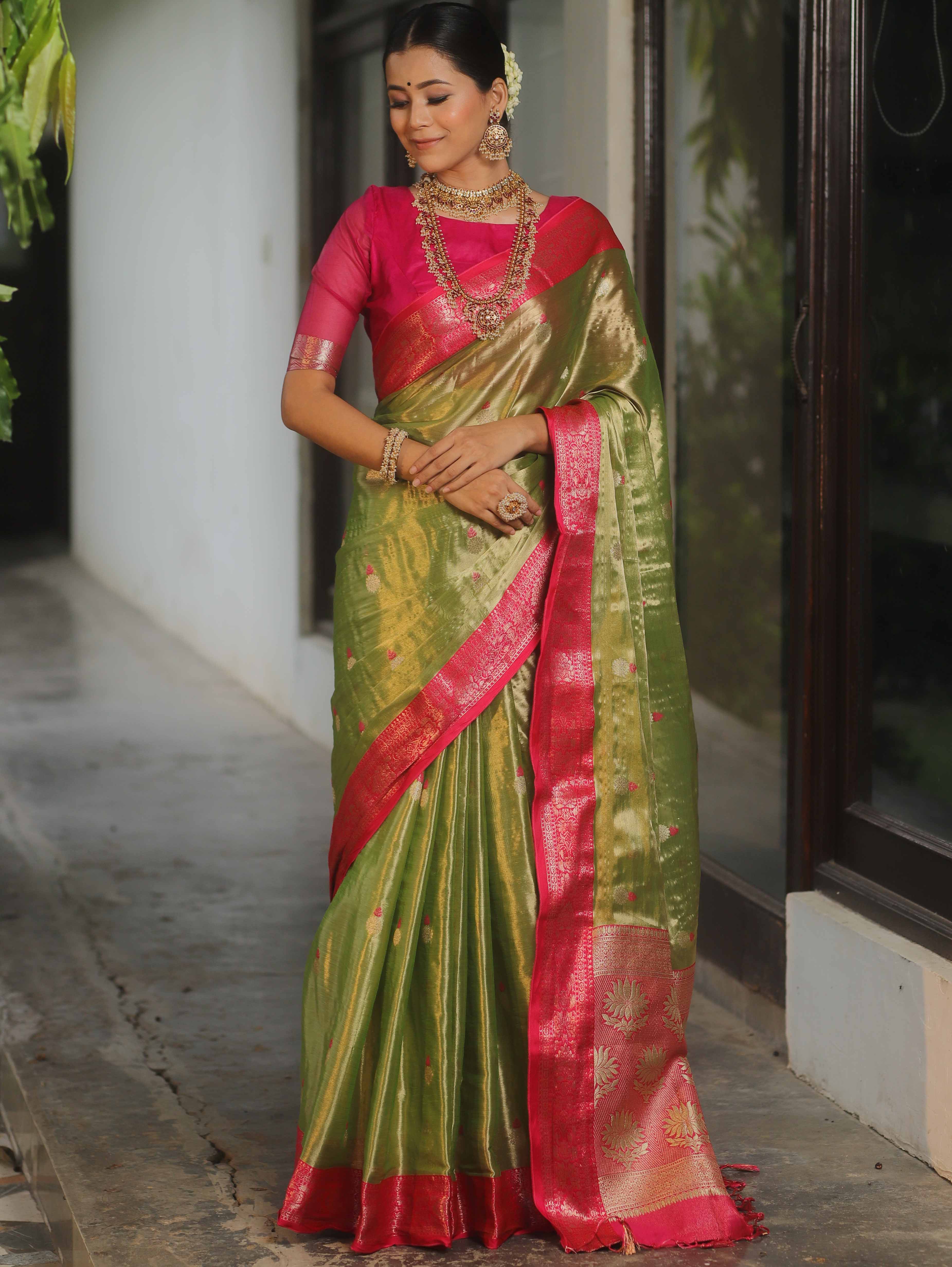 Banarasee Contrast Border Buta Design Tissue Saree-Light Green & Pink