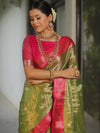 Banarasee Contrast Border Buta Design Tissue Saree-Light Green & Pink