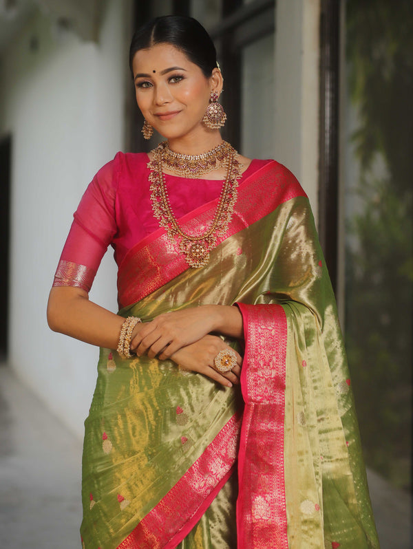 Banarasee Contrast Border Buta Design Tissue Saree-Light Green & Pink