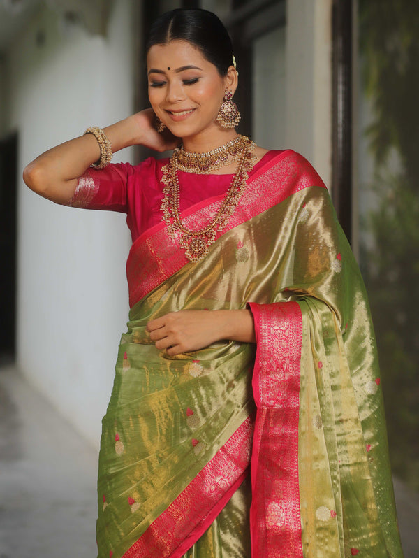 Banarasee Contrast Border Buta Design Tissue Saree-Light Green & Pink