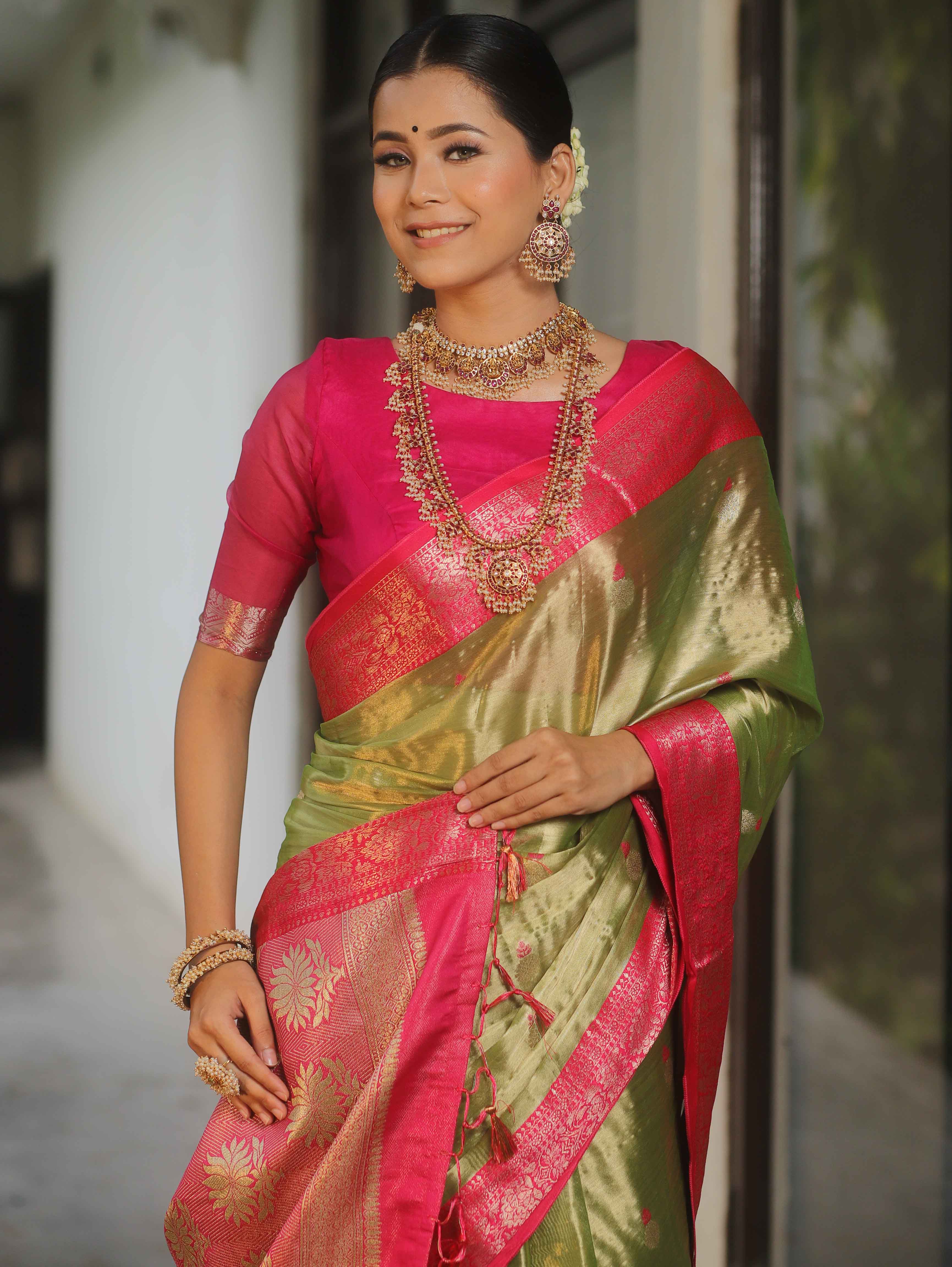 Banarasee Contrast Border Buta Design Tissue Saree-Light Green & Pink