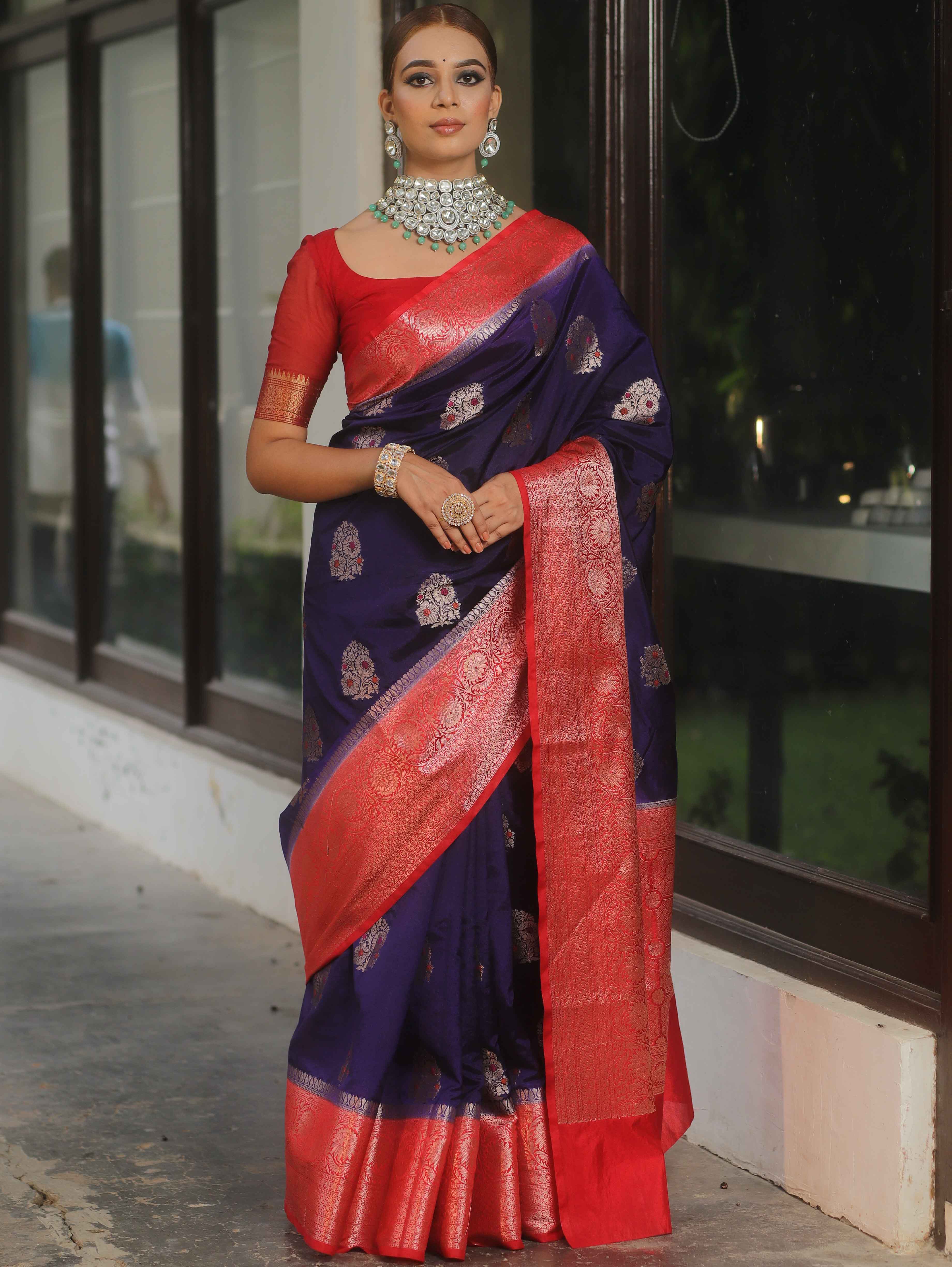 Banarasee Handloom Semi-Dupion Saree With Contrast Border & Gold Zari-Blue & Red