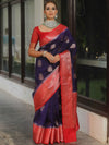 Banarasee Handloom Semi-Dupion Saree With Contrast Border & Gold Zari-Blue & Red