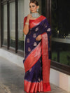 Banarasee Handloom Semi-Dupion Saree With Contrast Border & Gold Zari-Blue & Red