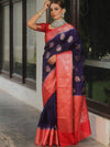 Banarasee Handloom Semi-Dupion Saree With Contrast Border & Gold Zari-Blue & Red