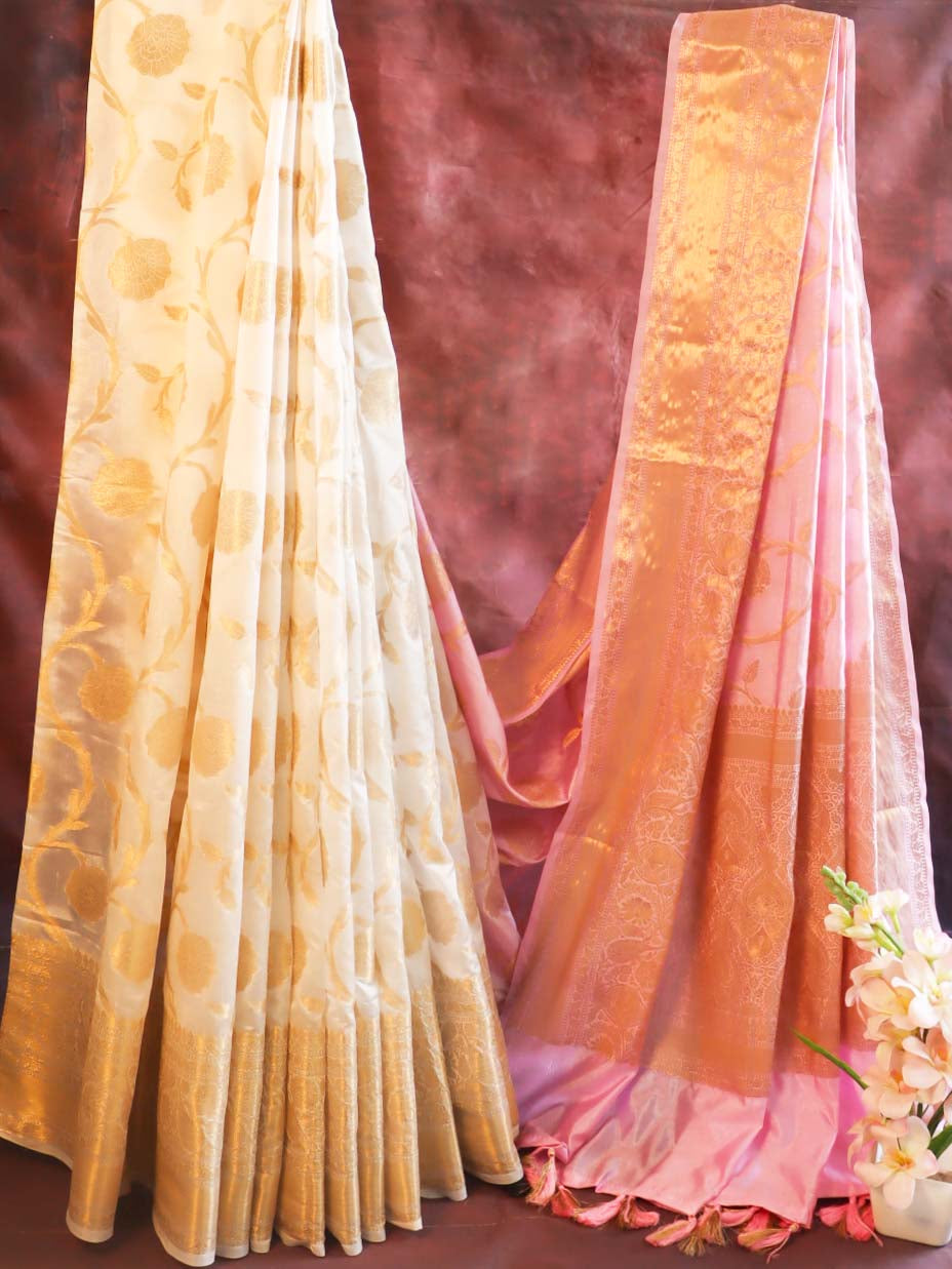 Banarasee Handwoven Semi Silk Dual Color Saree With Zari Border-Pink & White