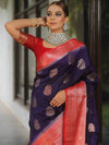 Banarasee Handloom Semi-Dupion Saree With Contrast Border & Gold Zari-Blue & Red