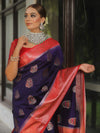 Banarasee Handloom Semi-Dupion Saree With Contrast Border & Gold Zari-Blue & Red