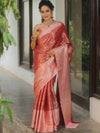 Banarasee Handwoven Broad Border Zari Jaal Design Tissue Saree-Red & Peach