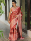 Banarasee Handwoven Broad Border Zari Jaal Design Tissue Saree-Red & Peach