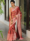 Banarasee Handwoven Broad Border Zari Jaal Design Tissue Saree-Red & Peach