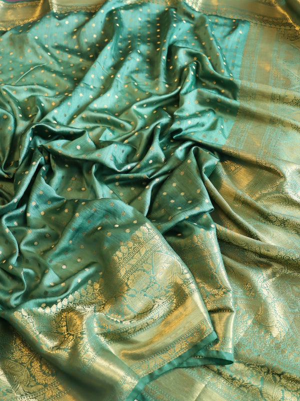 Banarasee Handwoven Semi Silk Saree With Zari Border-Green