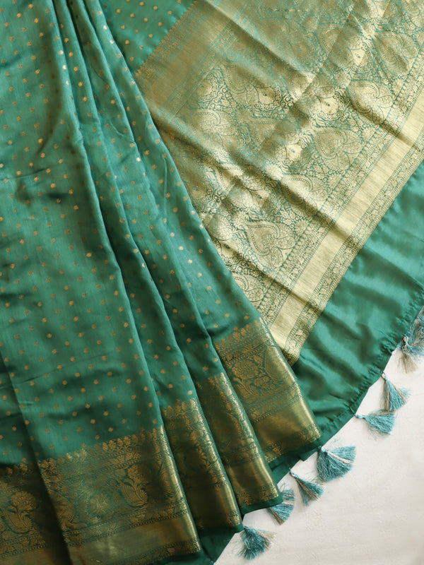 Banarasee Handwoven Semi Silk Saree With Zari Border-Green