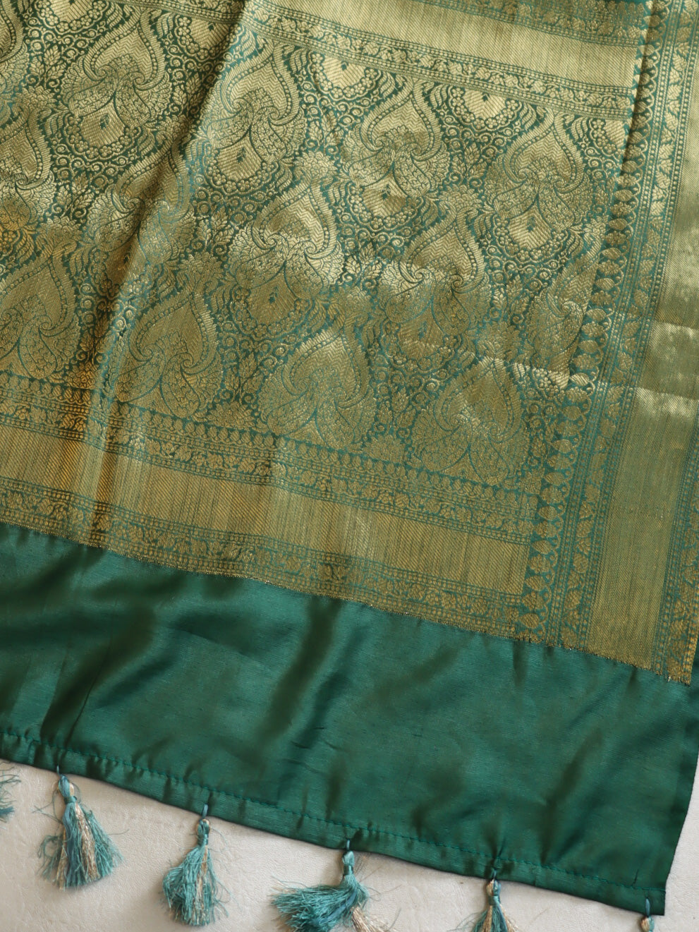 Banarasee Handwoven Semi Silk Saree With Zari Border-Green