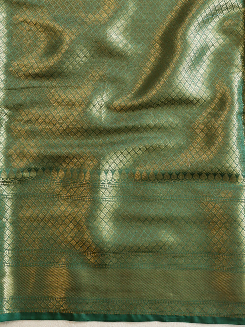 Banarasee Handwoven Semi Silk Saree With Zari Border-Green