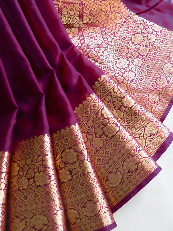 Banarasee Handwoven Plain Semi Silk Saree With Zari Border-Violet