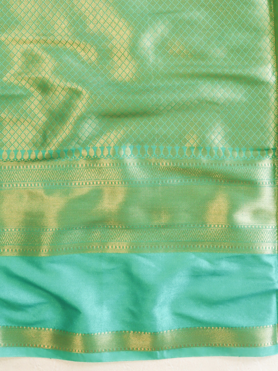 Banarasee Handwoven Semi Silk Dual Color Saree With Zari Border-Green & Blue