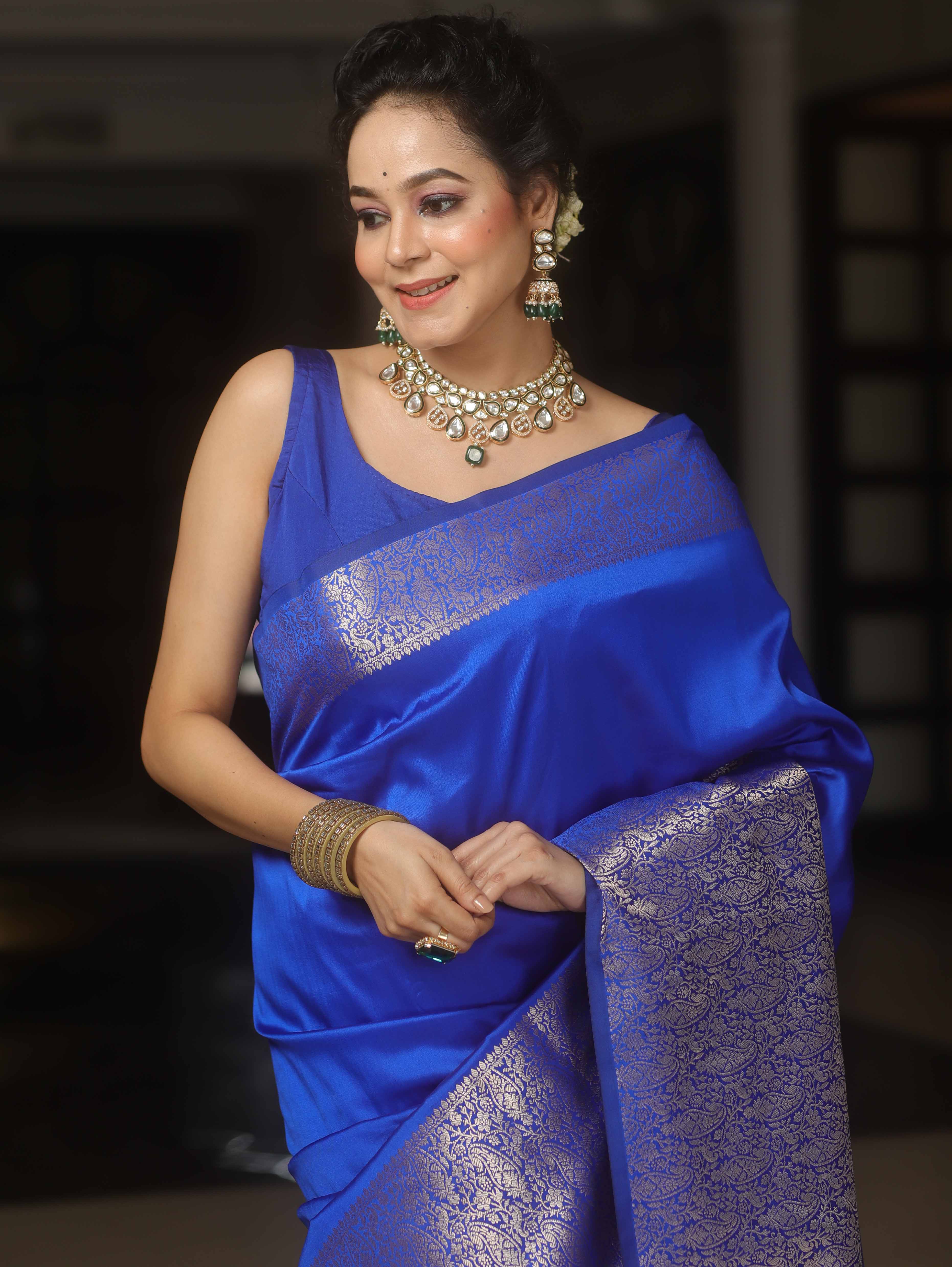 Banarasee Handwoven Semi Silk Saree With Zari Border Design-Royal Blue