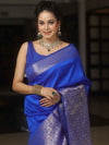 Banarasee Handwoven Semi Silk Saree With Zari Border Design-Royal Blue