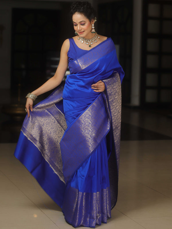 Banarasee Handwoven Semi Silk Saree With Zari Border Design-Royal Blue