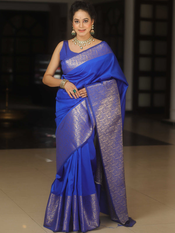 Banarasee Handwoven Semi Silk Saree With Zari Border Design-Royal Blue