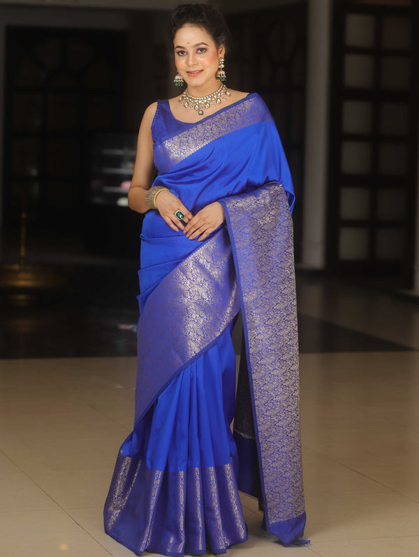 Banarasee Handwoven Semi Silk Saree With Zari Border Design-Royal Blue