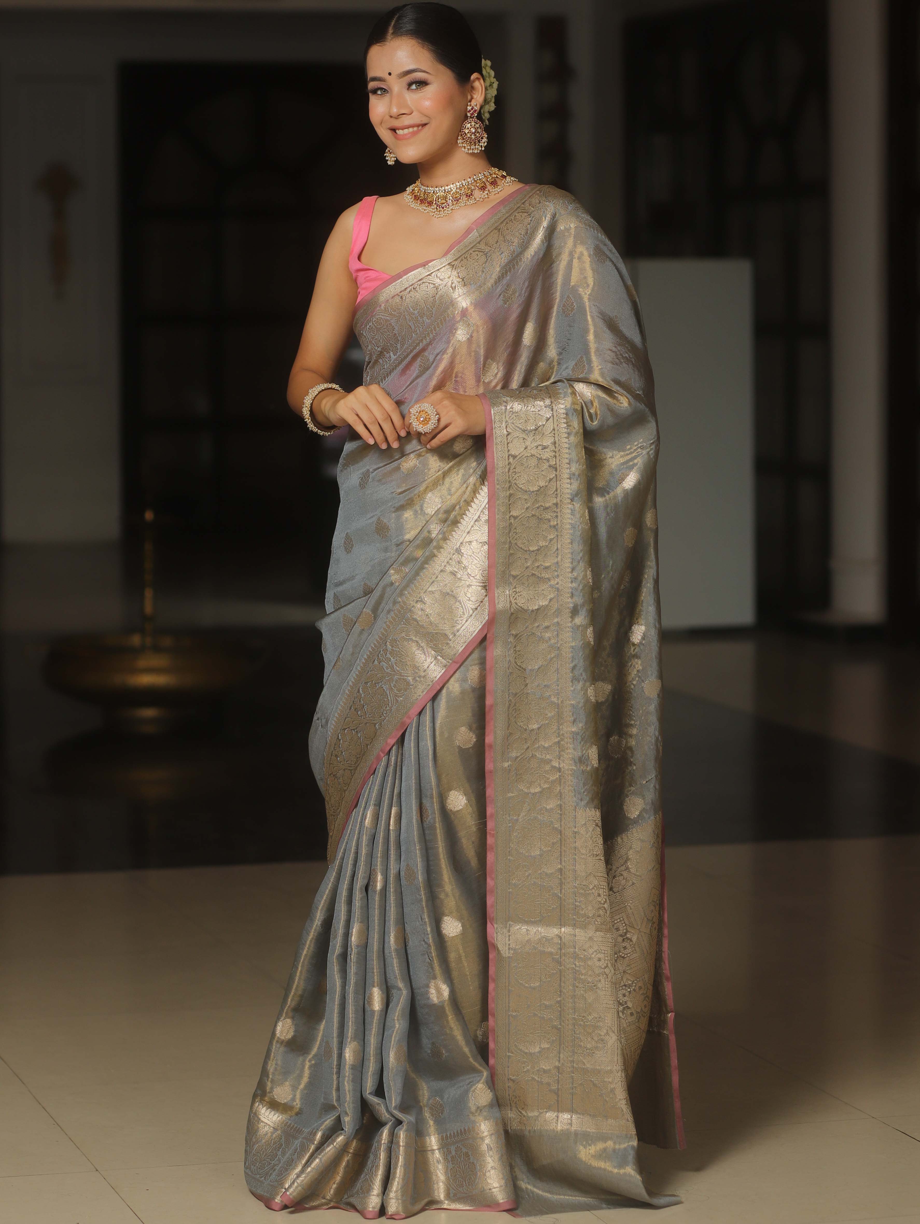 Banarasee Tissue Saree Buta Design With Zari Border-Grey