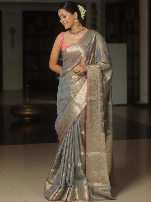 Banarasee Tissue Saree Buta Design With Zari Border-Grey