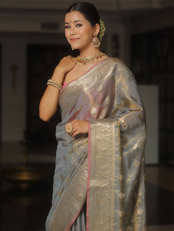 Banarasee Tissue Saree Buta Design With Zari Border-Grey