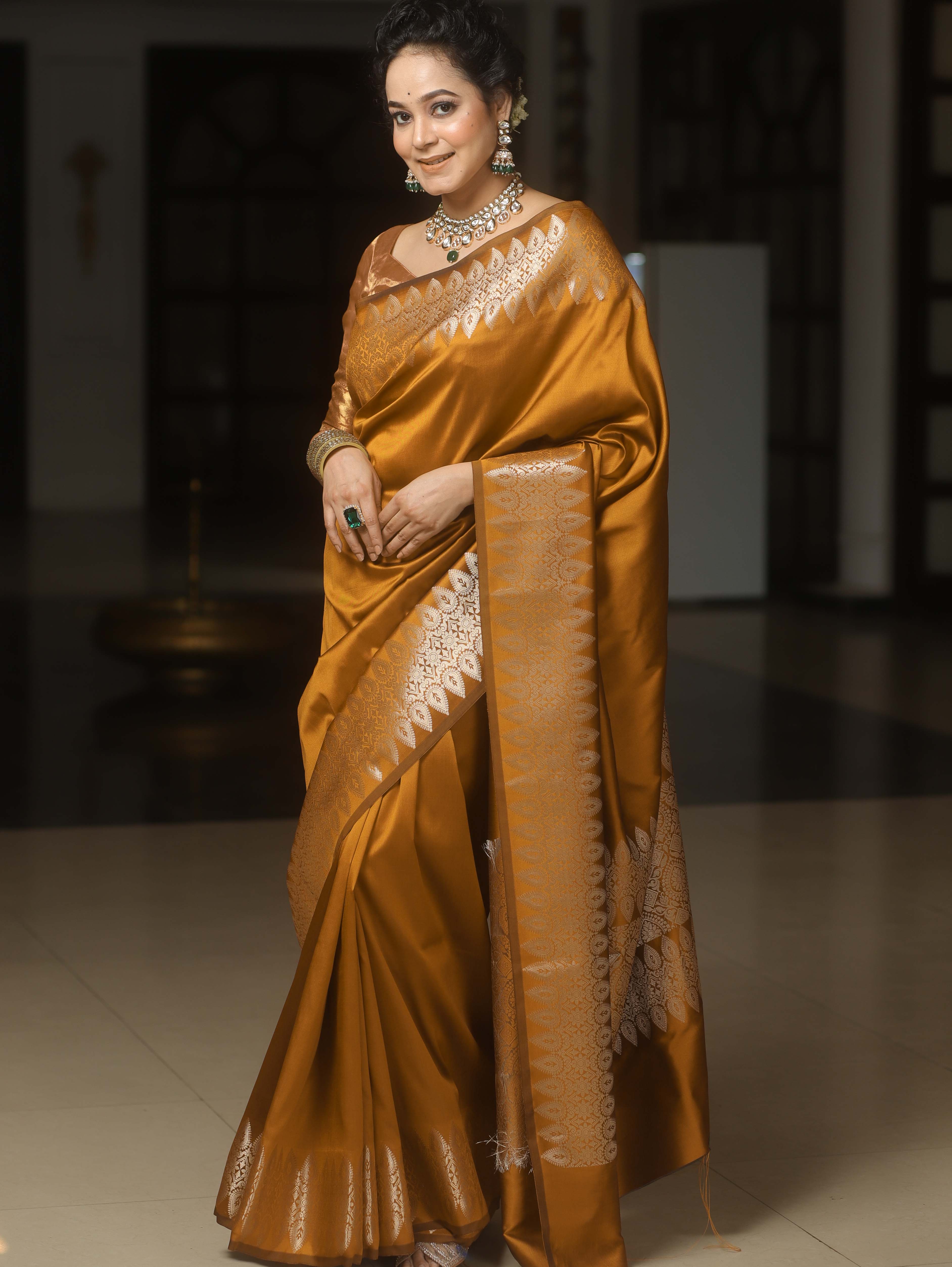 Banarasee Handwoven Semi Silk Saree With Zari Border-Golden Brown