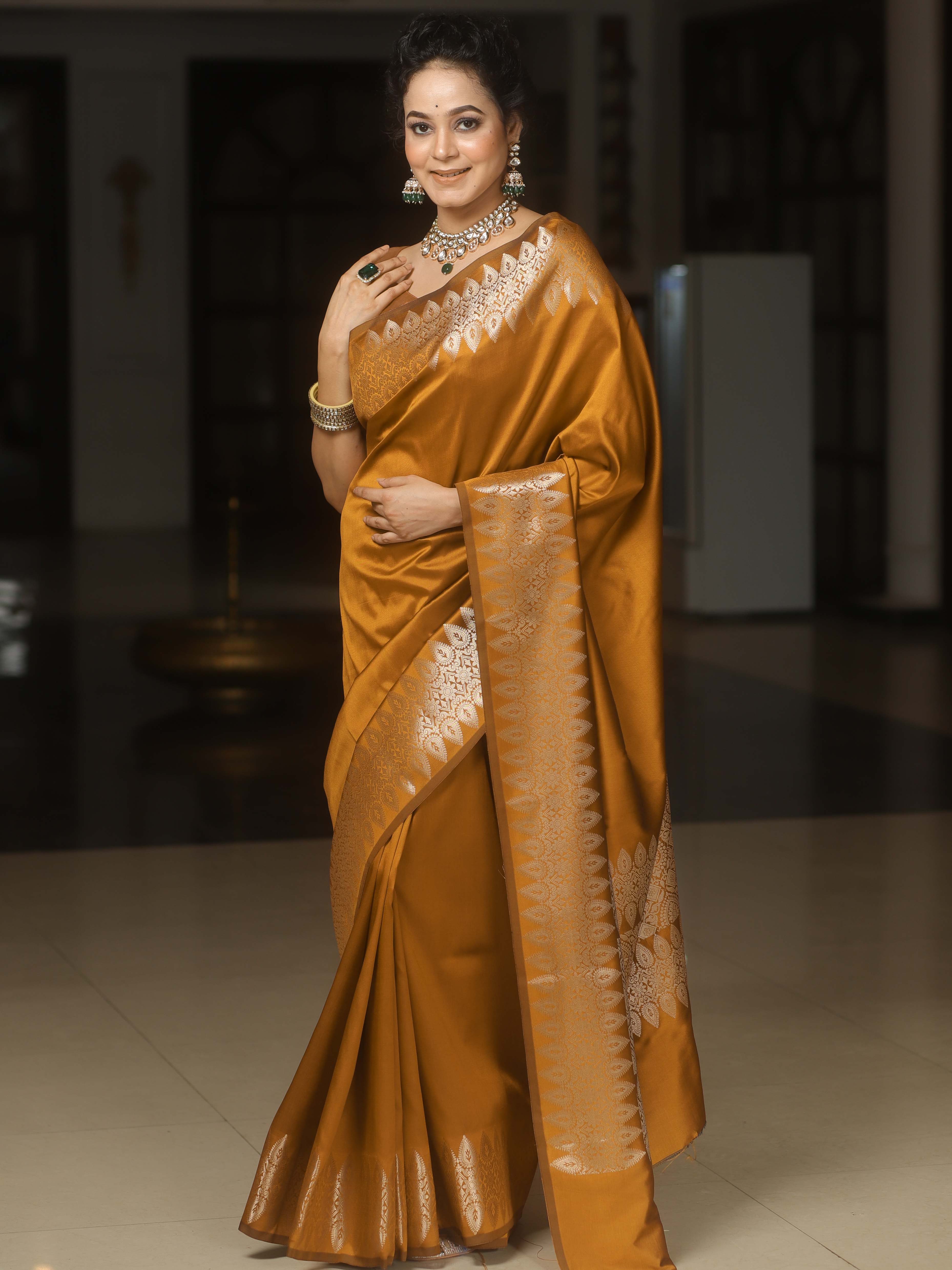 Banarasee Handwoven Semi Silk Saree With Zari Border-Golden Brown