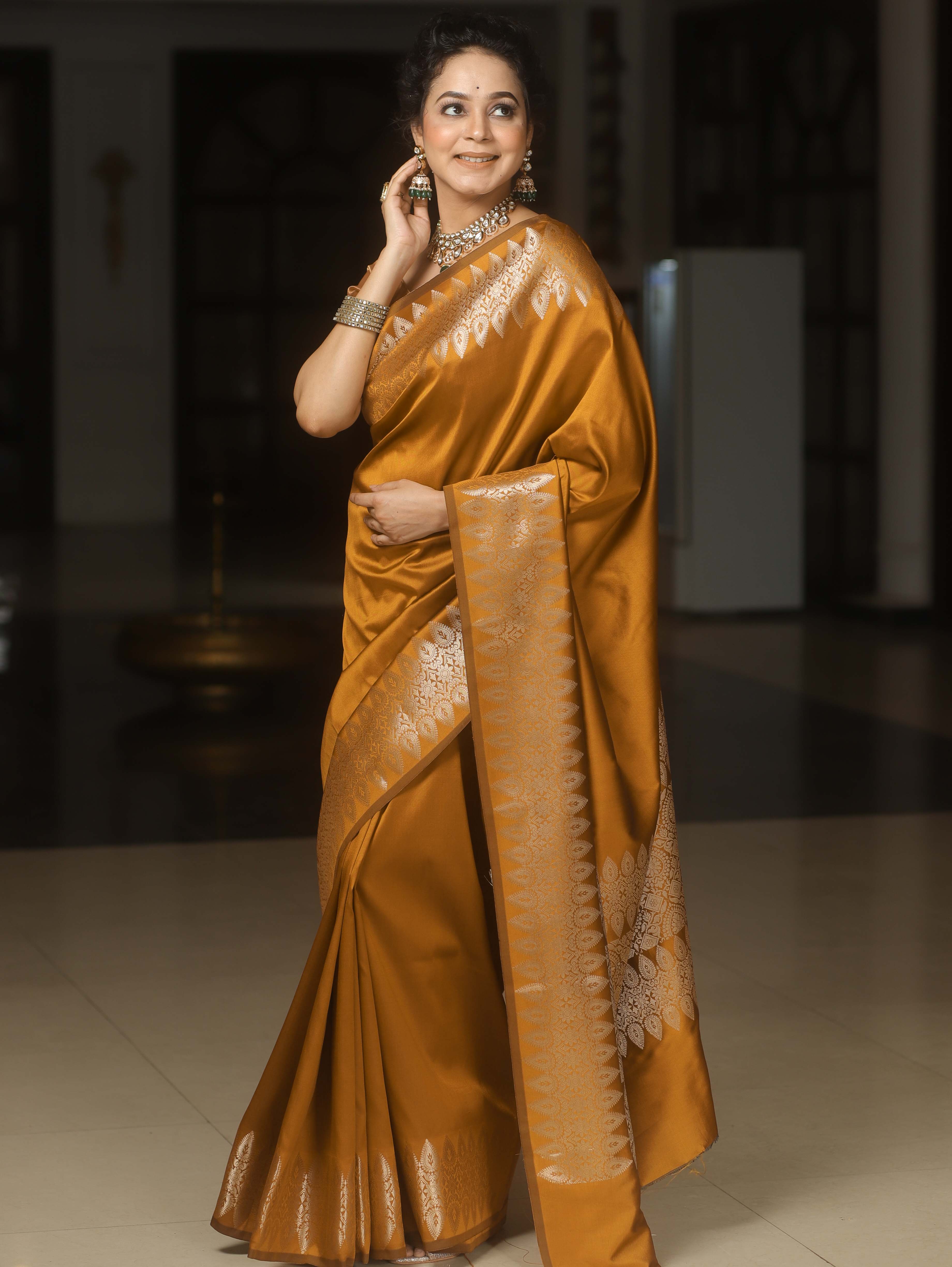 Banarasee Handwoven Semi Silk Saree With Zari Border-Golden Brown