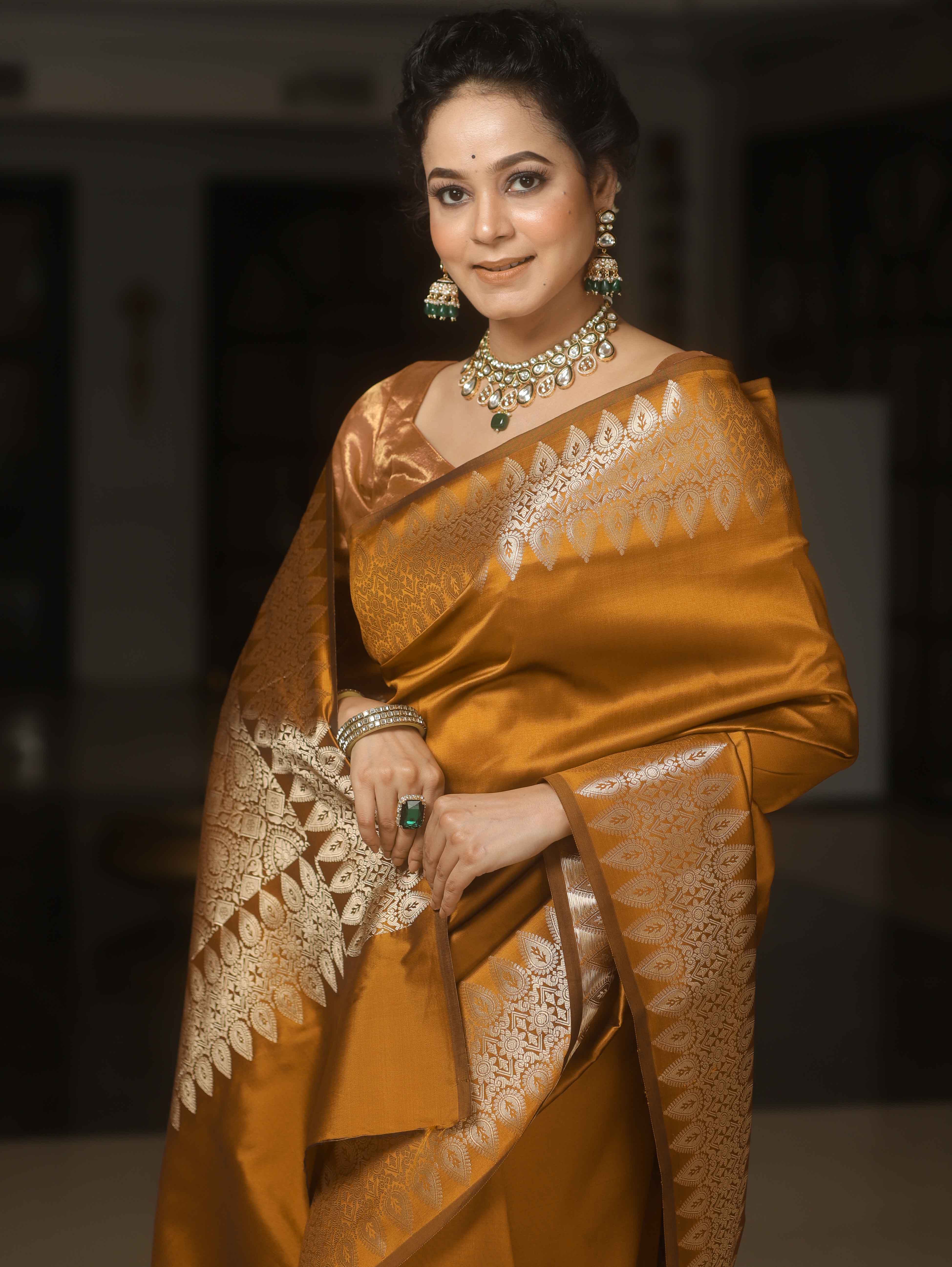 Banarasee Handwoven Semi Silk Saree With Zari Border-Golden Brown