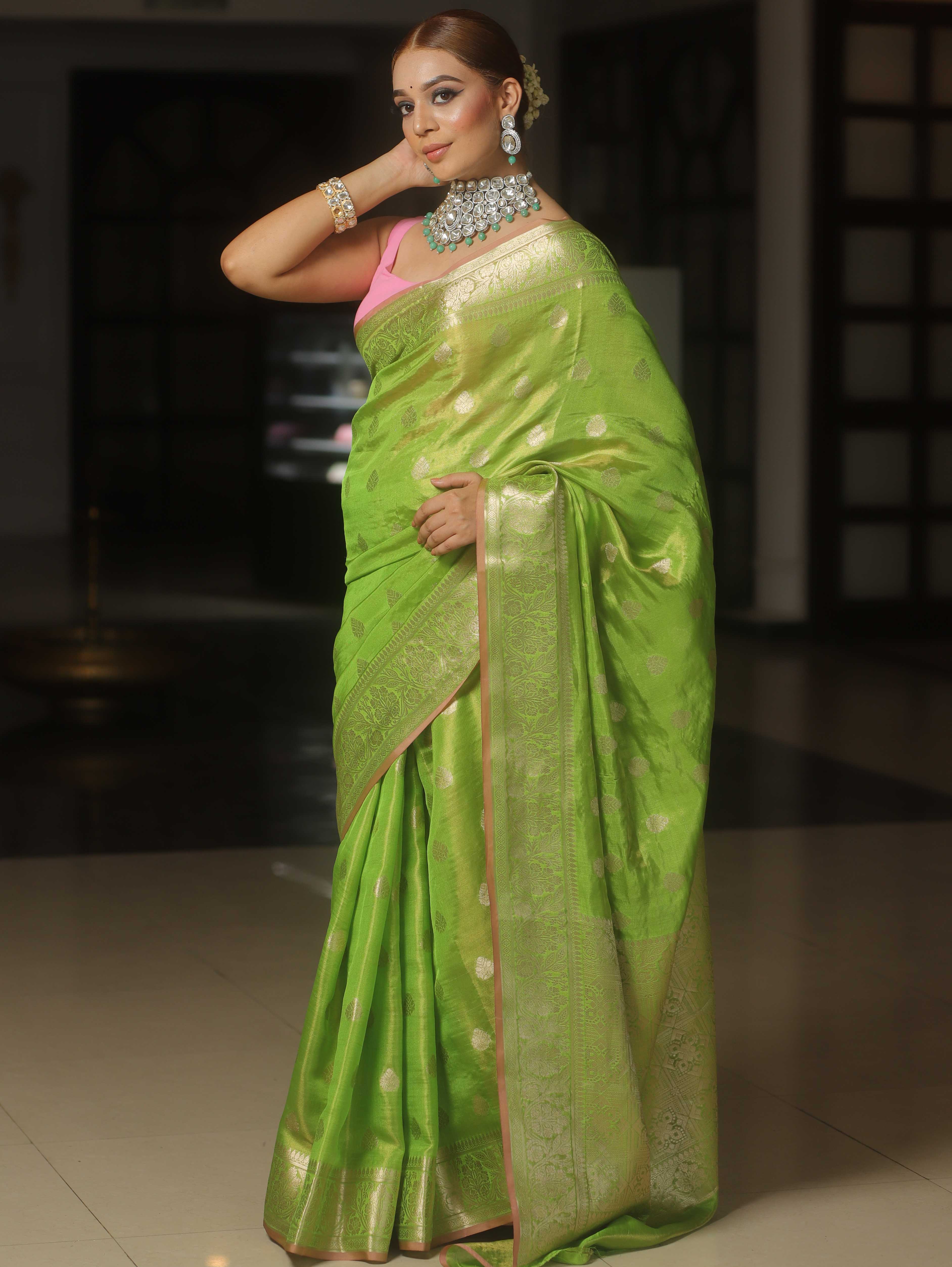 Banarasee Tissue Saree Buta Design With Zari Border-Lime Green