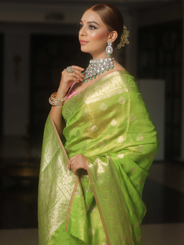 Banarasee Tissue Saree Buta Design With Zari Border-Lime Green