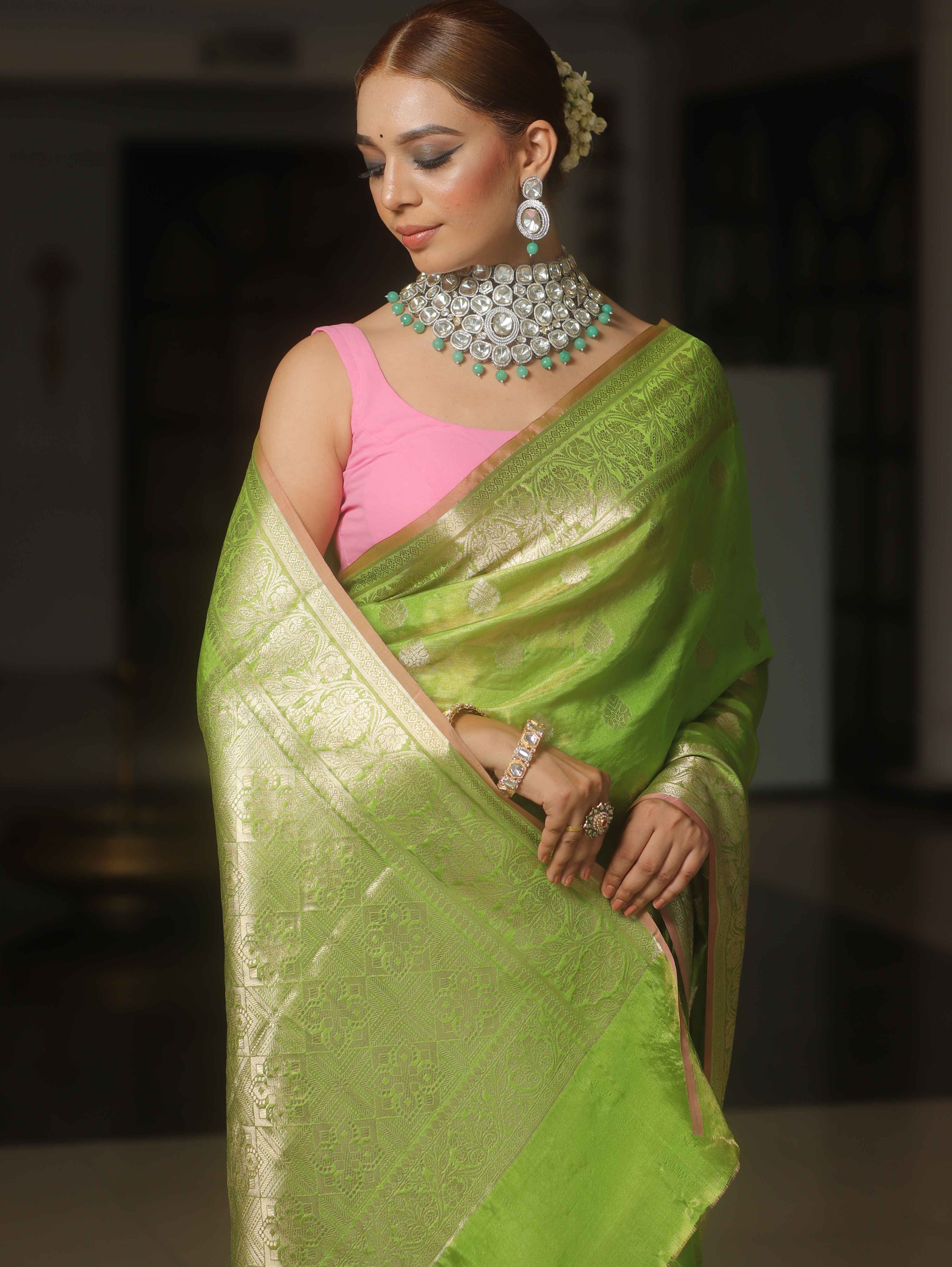 Banarasee Tissue Saree Buta Design With Zari Border-Lime Green