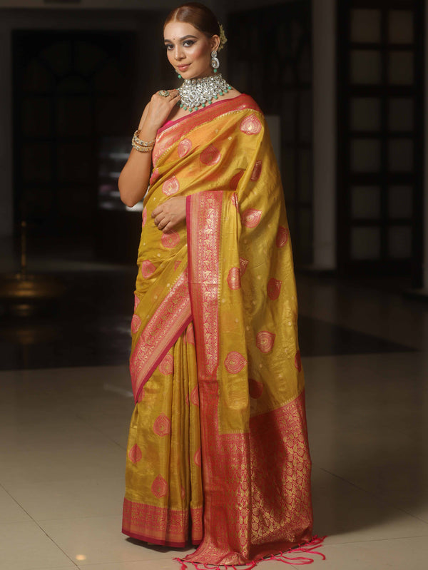 Banarasee Tissue Saree Buta Design With Zari Border-Yellow & Pink