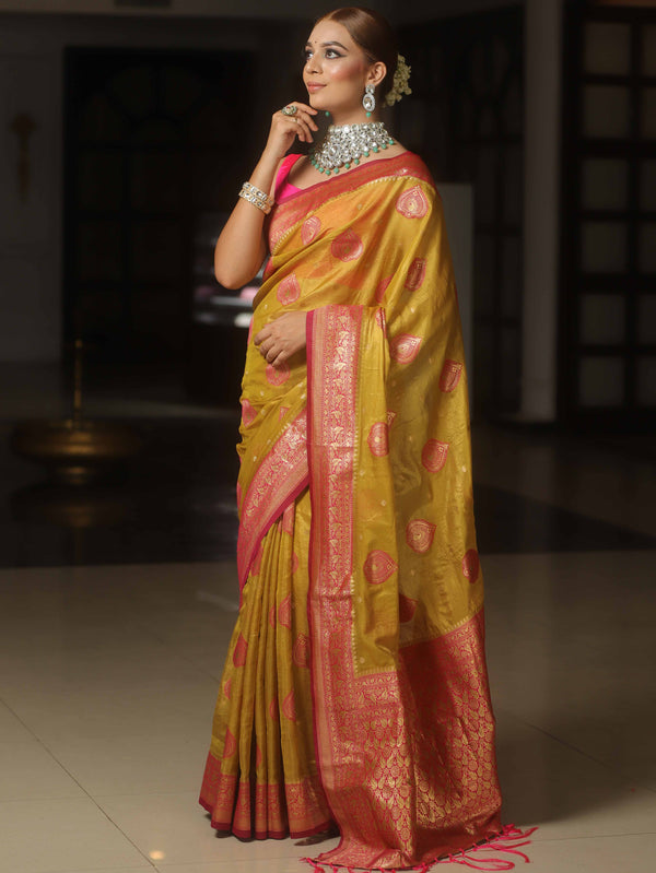 Banarasee Tissue Saree Buta Design With Zari Border-Yellow & Pink