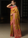 Banarasee Tissue Saree Buta Design With Zari Border-Yellow & Pink