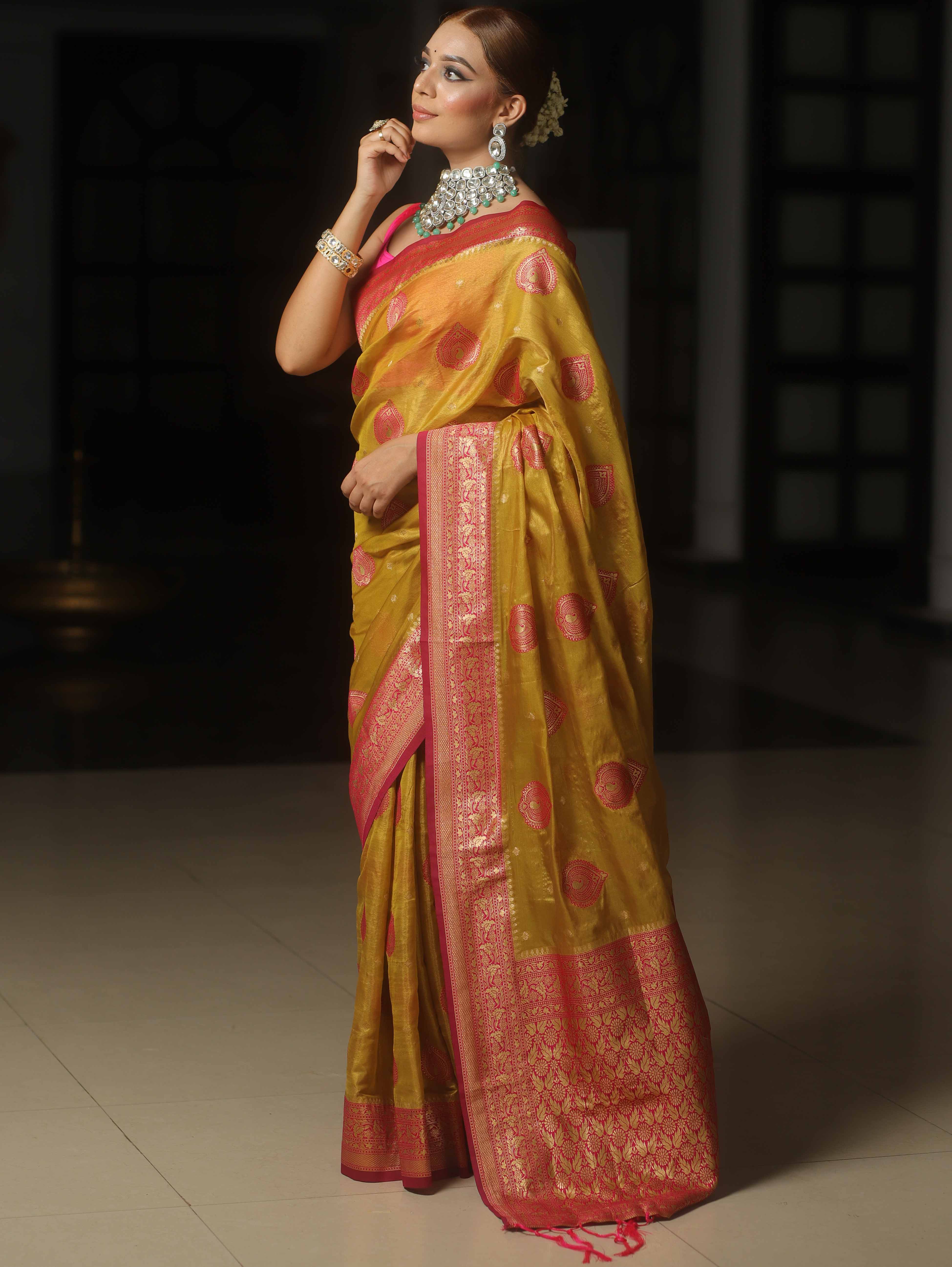 Banarasee Tissue Saree Buta Design With Zari Border-Yellow & Pink